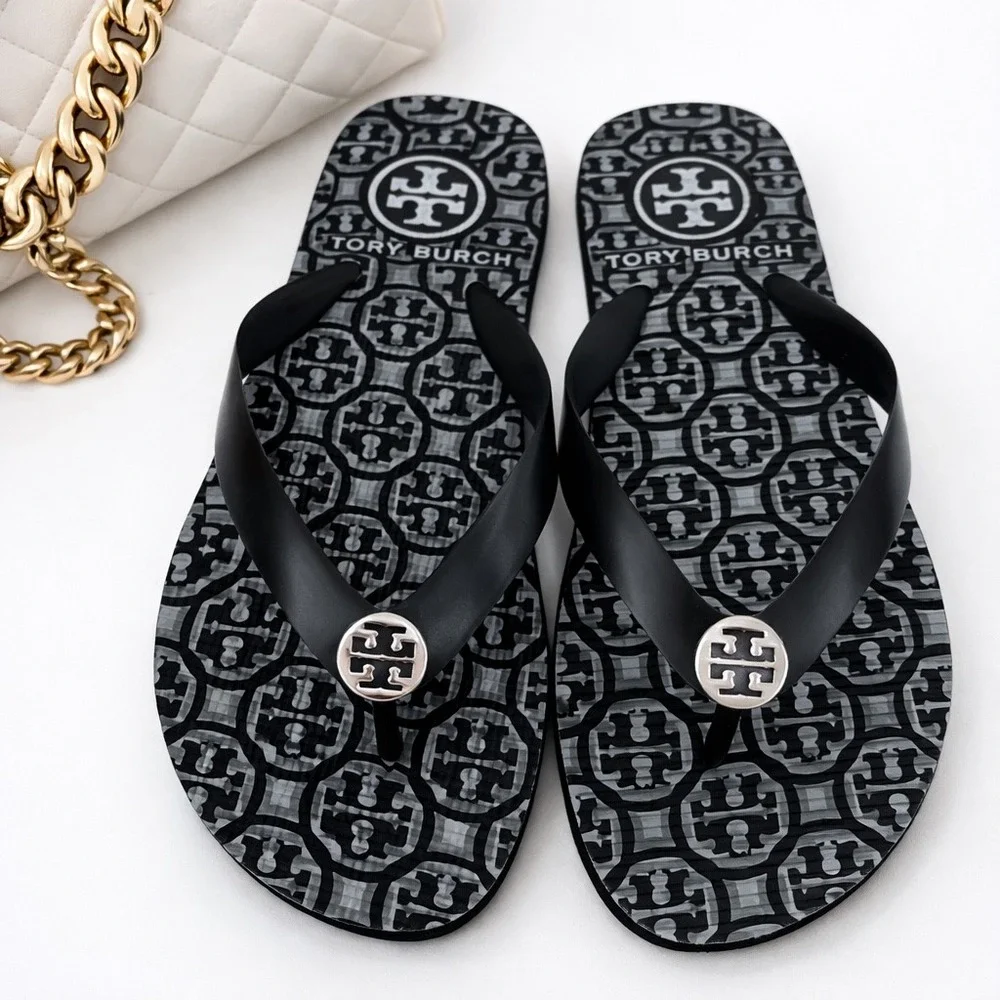Tory Burch TB Logo Thong Flip Flop wSandals Lattice Black White Size Small (5/6)